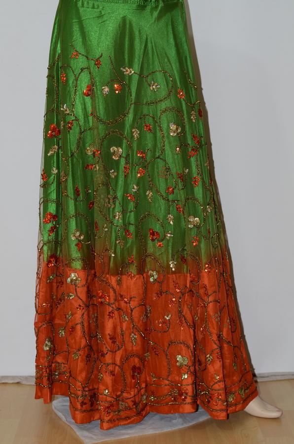 Green & Orange Net Lehanga w/ Net Blouse Strings In The Back & Net Stole