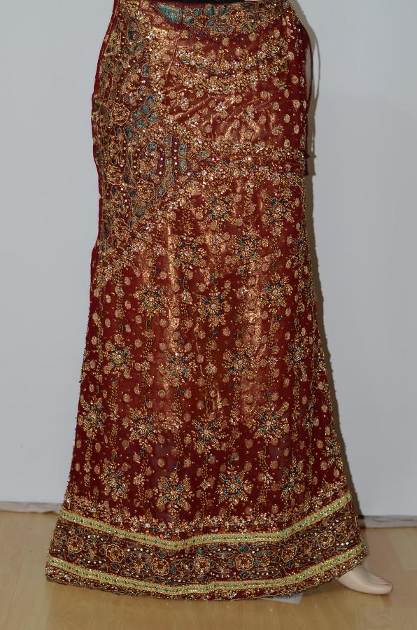 Maroon Fish Cut Chiffon Benaras Lehanag w/ Blouse, Optional Sleeves & Stole