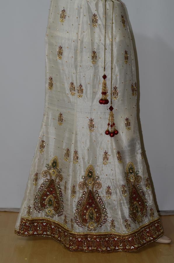 Half White Chanderi Silk Lehanga w/ Blouse w/ Optional Sleeves & Stole Half White Chanderi Silk Lehanga w/ Blouse w/ Optional Sleeves & Stole