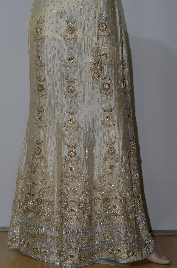Beige Chanderi Silk Lehanga w/ Blouse Optional Sleeves & Stole Beige Chanderi Silk Lehanga w/ Blouse Optional Sleeves & Stole