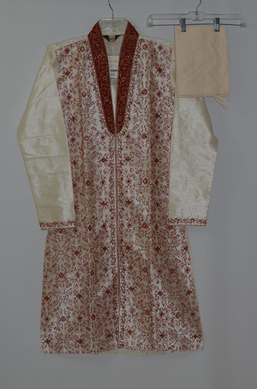 Cream Color Raw Silk Kurta Pajama w/ Churidar Pants