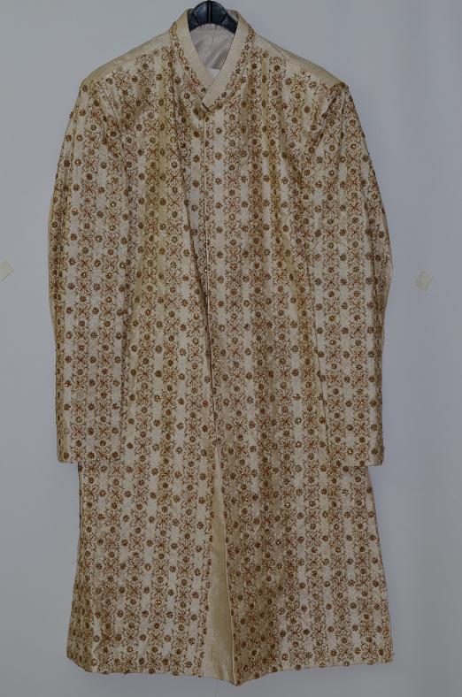 Beige Color Dupian Silk Sherwani w/ Inner Lining Comes w/ Churidar Pants & Stole Beige Color Dupian Silk Sherwani w/ Inner Lining Comes w/ Churidar Pants & Stole
