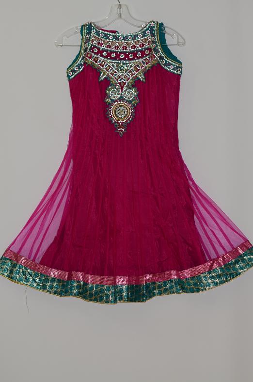 Magenta Net Dress w/ Removable Inner Blouse & Churidar Pants + Stole
