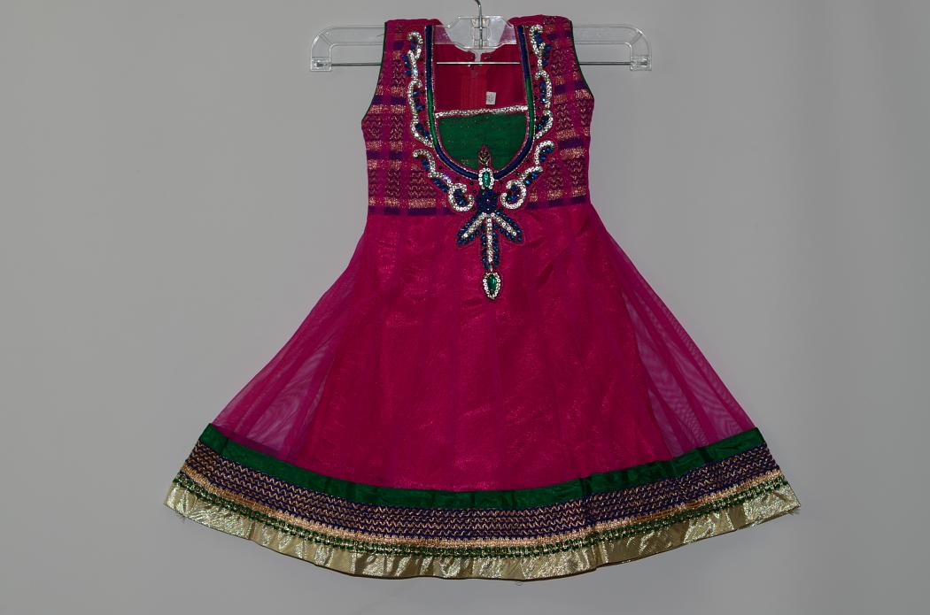 Magenta Net Dress w/ Churidar Pants & Net Stole for Kids Magenta Net Dress w/ Churidar Pants & Net Stole for Kids