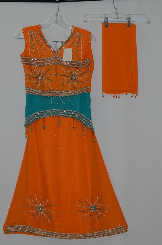 Orange & Sea Green Georgette Lehenga Choli Dress w/ Stole Orange & Sea Green Georgette Lehenga Choli Dress w/ Stole
