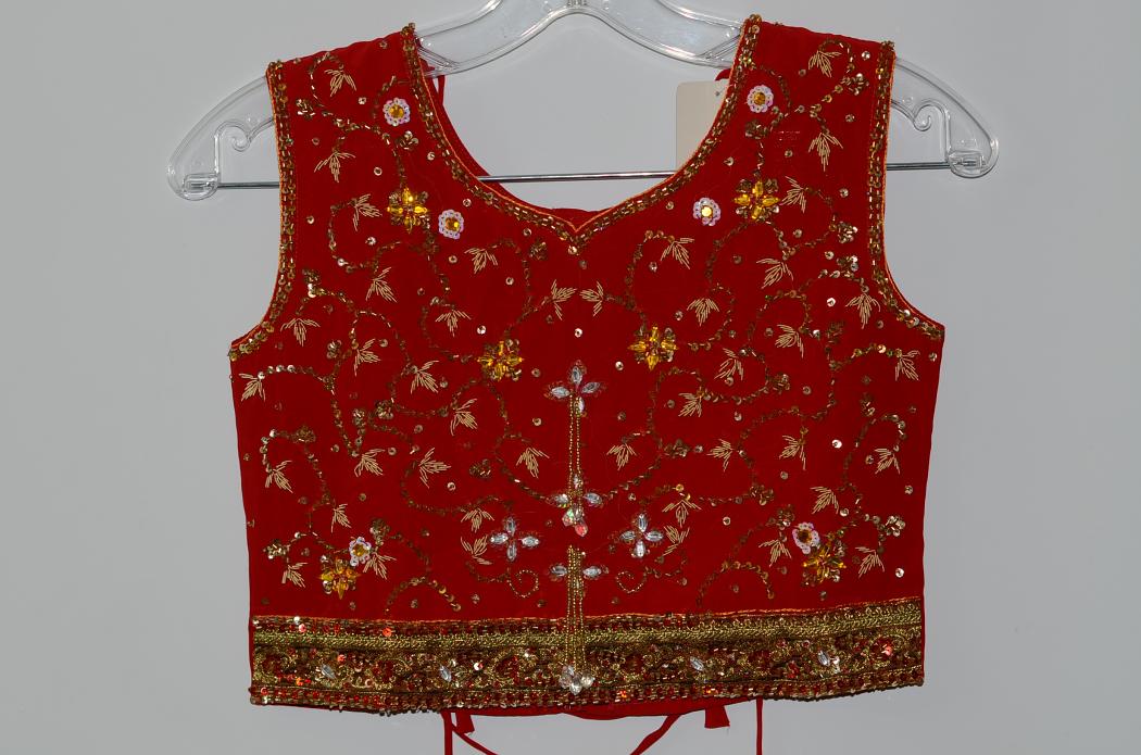 Red & Cream Georgette Lahenga w/ Adjustable String Choli & Dupatta