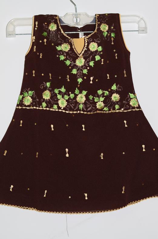 Girls Brown Georgette Dress w/ Churidar Pants & Stole w/ Optional Sleeves Girls Brown Georgette Dress w/ Churidar Pants & Stole w/ Optional Sleeves