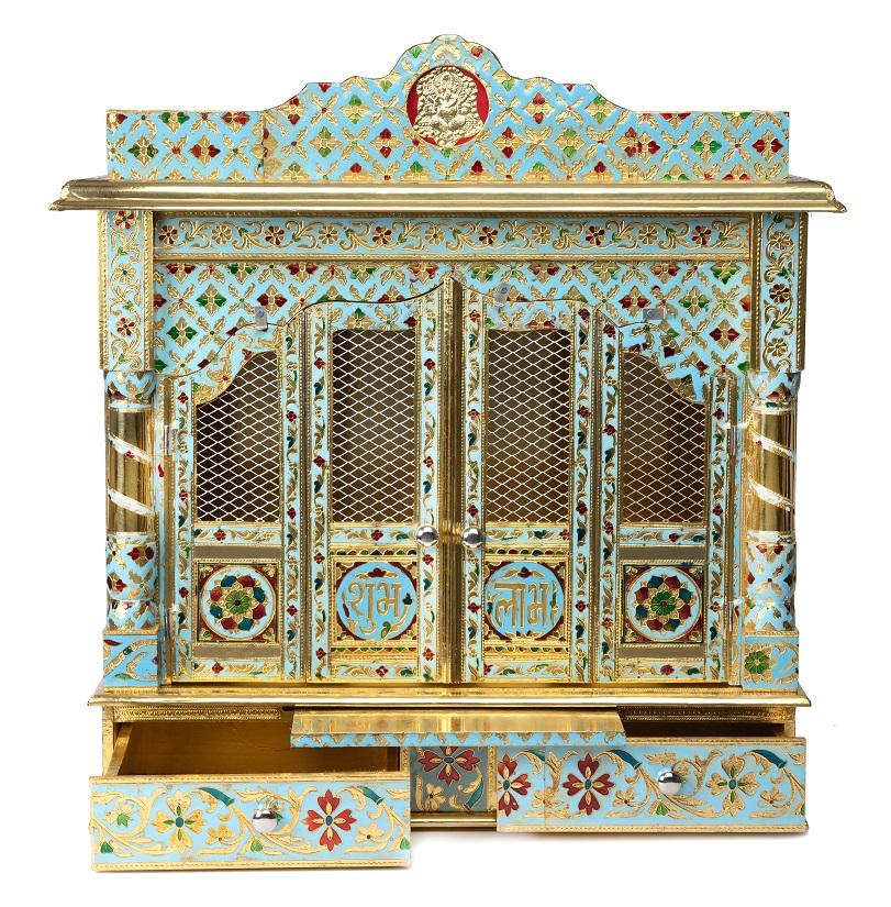 Meenakari Puja Mandir w/ Doors - Wooden Hindu Temple 25" Mandir Assembled
