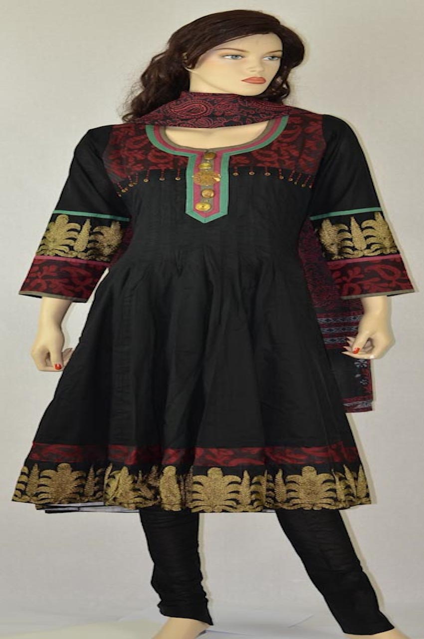 Black Gold Cotton Readymade Anarkali Churidar Suit
