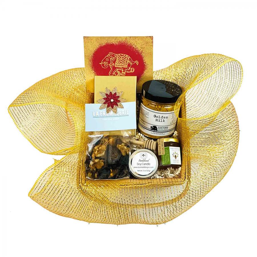 Elegant Diwali Gift Basket w/ Unique Diwali Quintessentials Elegant Diwali Gift Basket w/ Unique Diwali Quintessentials