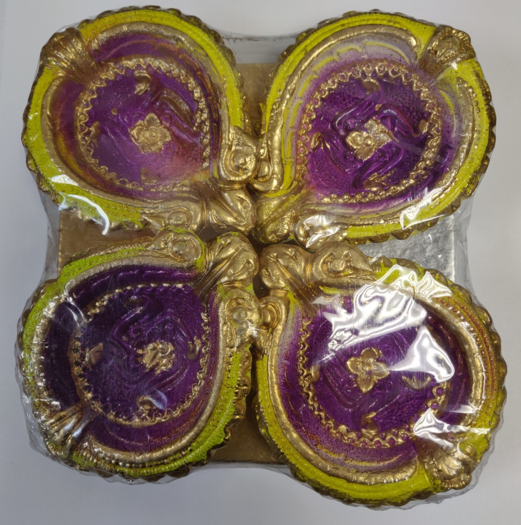 Traditional Design Clay Diwali Diya in Purple Green (18 Sets / 72 Pcs)