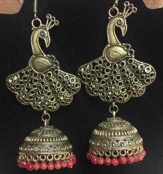 Anitque Peacock Style Earring With Pink Bids