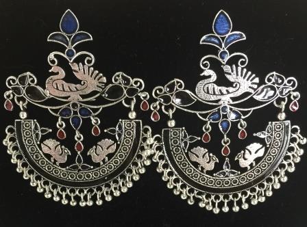 Antique Style Peacock Design Earring with Black, Blue & Red Stones