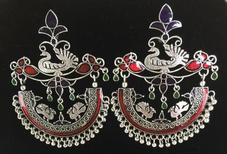 Antique Style Peacock Design Earring with Maroon, Red, Green Stones