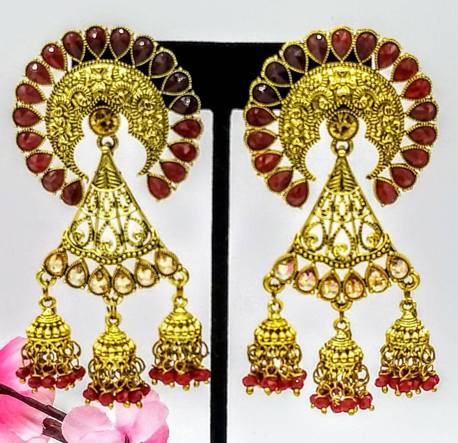 Jhumka earrings dark red beads
