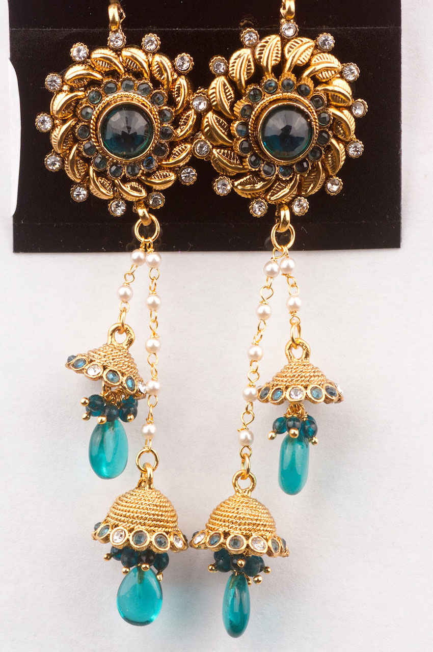 Teal Stone Studded Antique Finish Bell Earrings