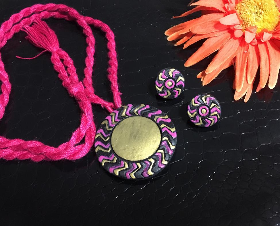 Pink Black and Gold Zig Zag Pendant in Long Cotton Thread Adjustable rope 