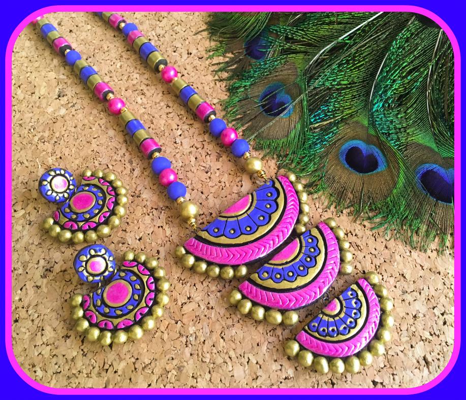 Three Layered Grand Terracotta Long set w/ Bali Earrings-Pink & Blue Three Layered Grand Terracotta Long set w/ Bali Earrings-Pink & Blue