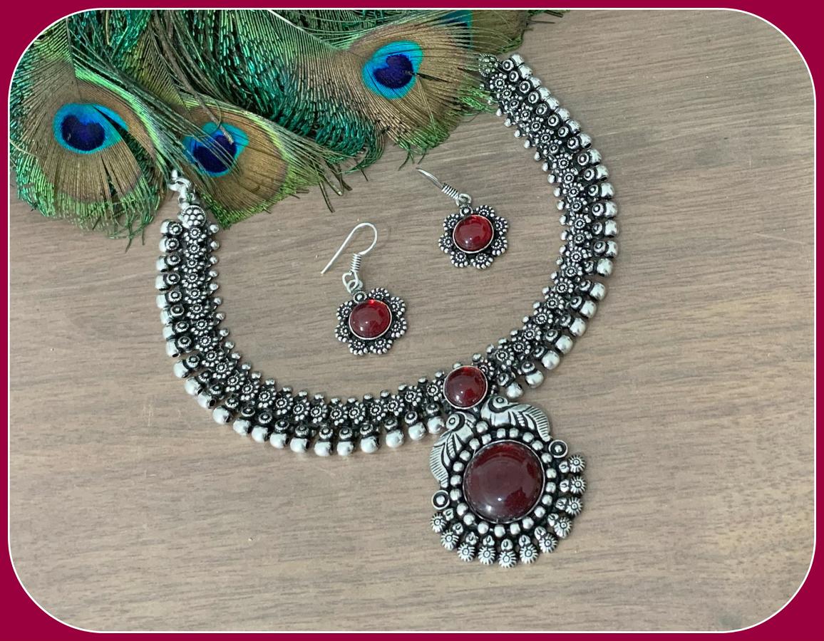 Trendy oxidised Stone Necklace with Earrings- REd/Maroon Stone!!! Trendy oxidised Stone Necklace with Earrings- REd/Maroon Stone!!!