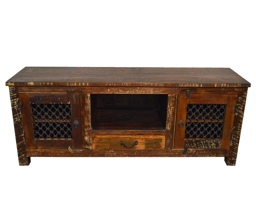 Rustic Wood Wooden Antique Entertainment Center Cabinet w/ Iron Grill