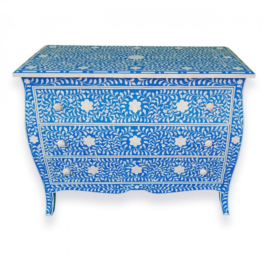 Curved French Style Bone Inlay Dresser Chest in Blue 42"