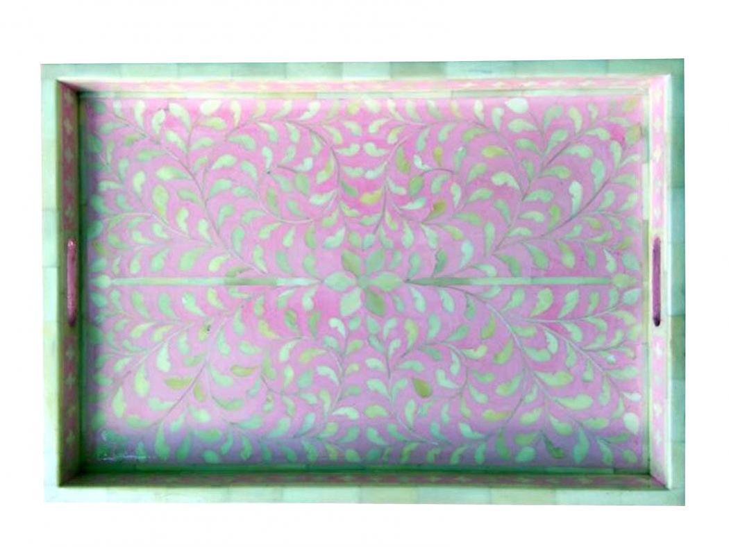 Pink Floral Bone Inlay Serving Tray