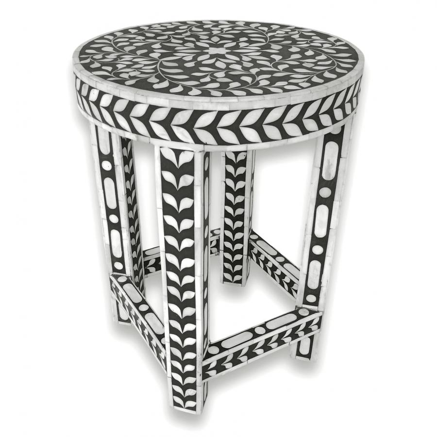 Floral Bone Inlay Black & White 13" Round Accent Table / End Table For Living Room Floral Bone Inlay Black & White 13" Round Accent Table / End Table For Living Room
