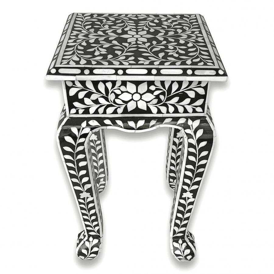 Floral Bone Inlay French Style 12 Inch Black & White Accent Table / End Table For Living Room Floral Bone Inlay French Style 12 Inch Black & White Accent Table / End Table For Living Room