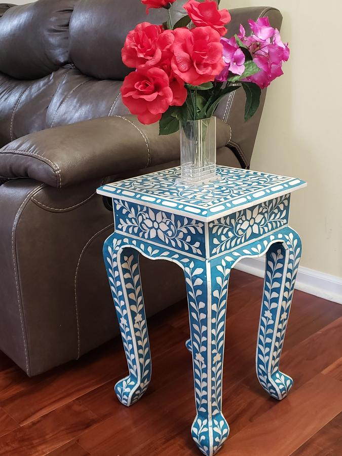 Floral Bone Inlay French Style 12 Inch Blue Accent Table / End Table For Living Room Floral Bone Inlay French Style 12 Inch Blue Accent Table / End Table For Living Room