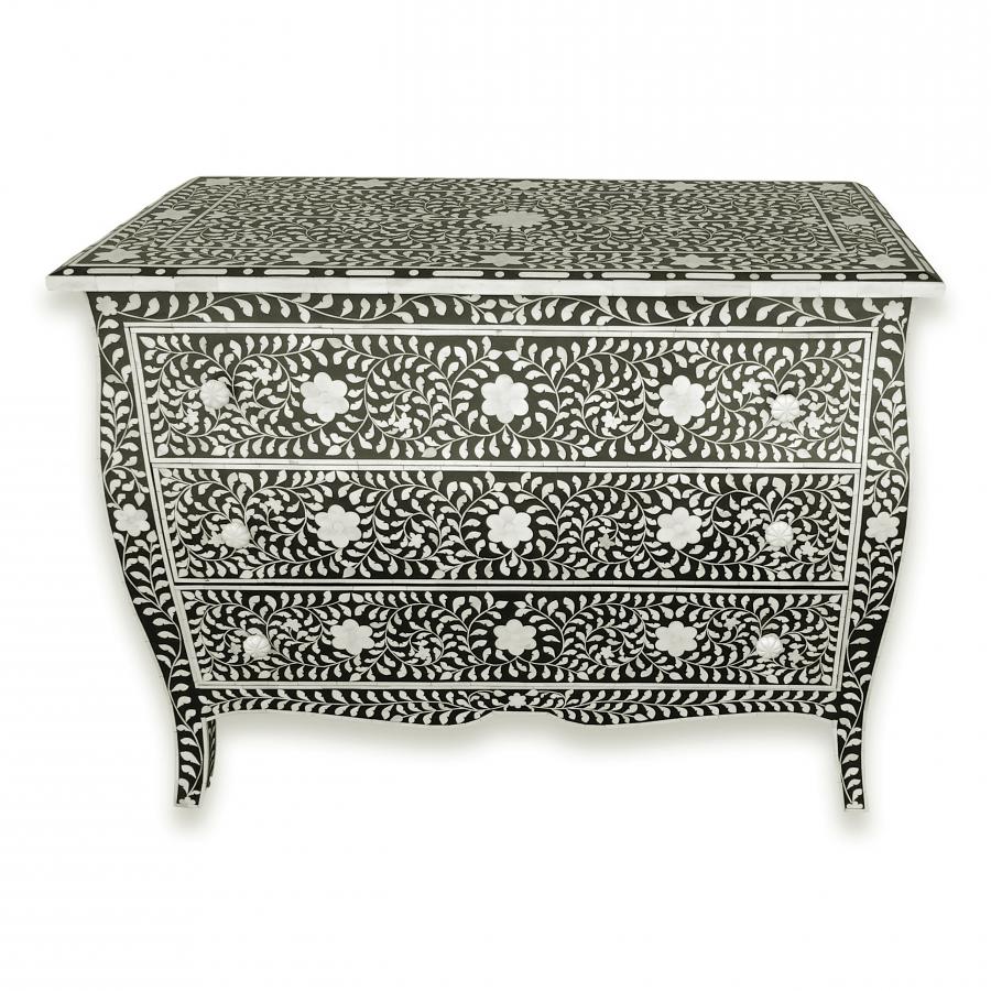 Provincial French Style Bone Inlay Dresser Chest Of Drawers In Black 42" Handmade Provincial French Style Bone Inlay Dresser Chest Of Drawers In Black 42" Handmade