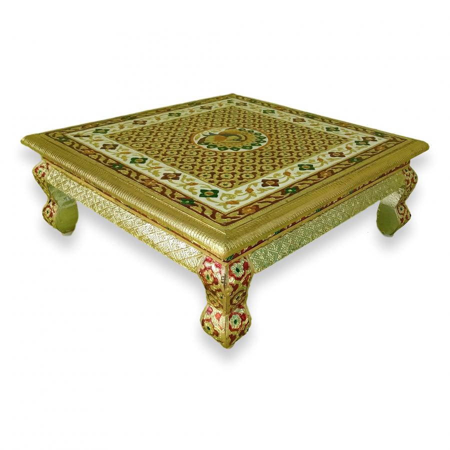 Persian Style Low Accent Table Peacock Design Enameled 16" Chowki Bajot