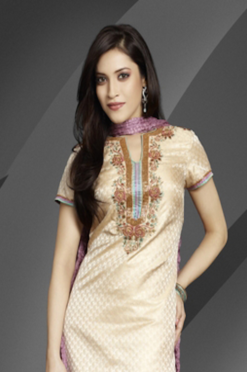 Off White & Purple Pure Silk Readymade Churidar Kameez Off White & Purple Pure Silk Readymade Churidar Kameez