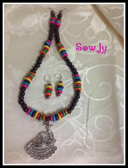 Handmade Wooden Beads Necklace with Silver Peacock Pendant