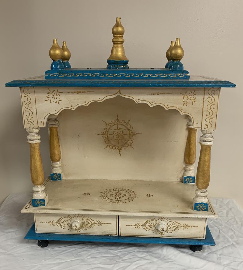 Handcrafted Blue & Gold Small Wooden Temple 18" X 22.5"