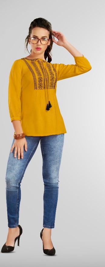 Yellow Cold Shoulder Embroidered Short Kurti 730KR40