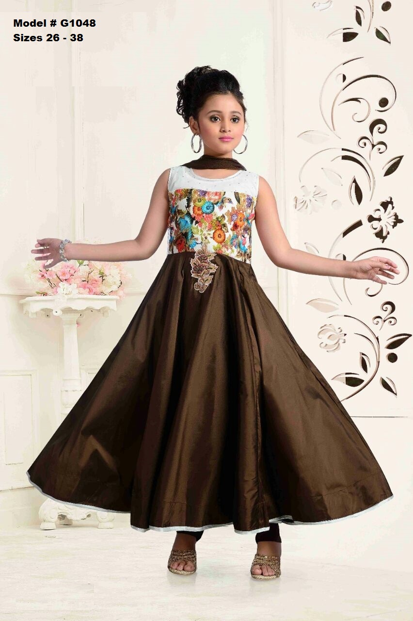 Floral Pattern Designer Silk Feel Anarkali Salwar Suit for Girls