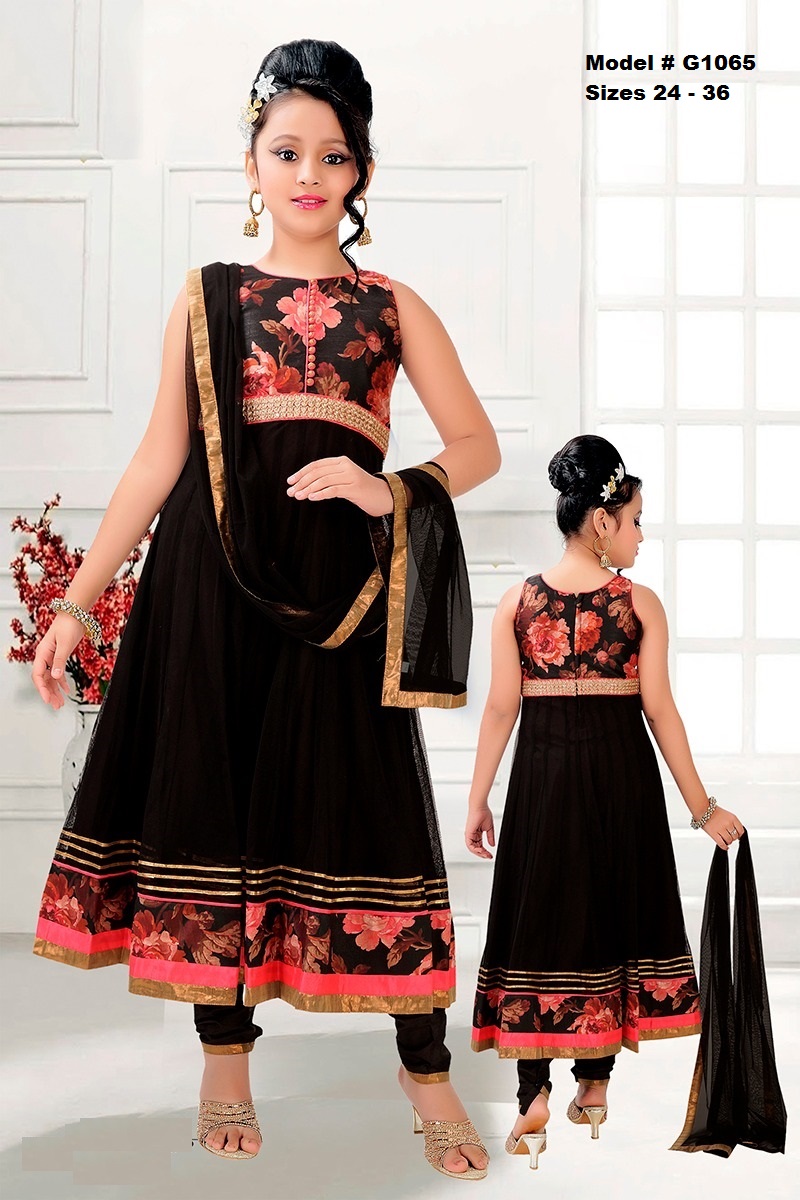 Black & Pink Floral Pattern Kids Indian Ethnic Anarkali Salwar Suit Black & Pink Floral Pattern Kids Indian Ethnic Anarkali Salwar Suit
