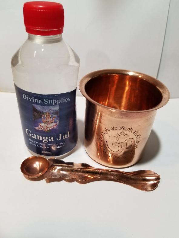 Ganges Water (Ganga Jal) 200 ml w/ Om Copper Container & Spoon