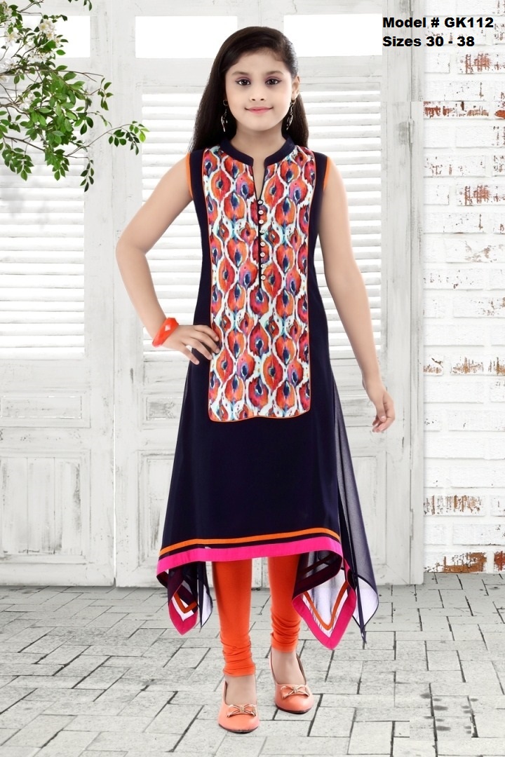 Kids Chic Black Long Kurti w/ Pink/Orange Border & Multicolor Patch Kids Chic Black Long Kurti w/ Pink/Orange Border & Multicolor Patch