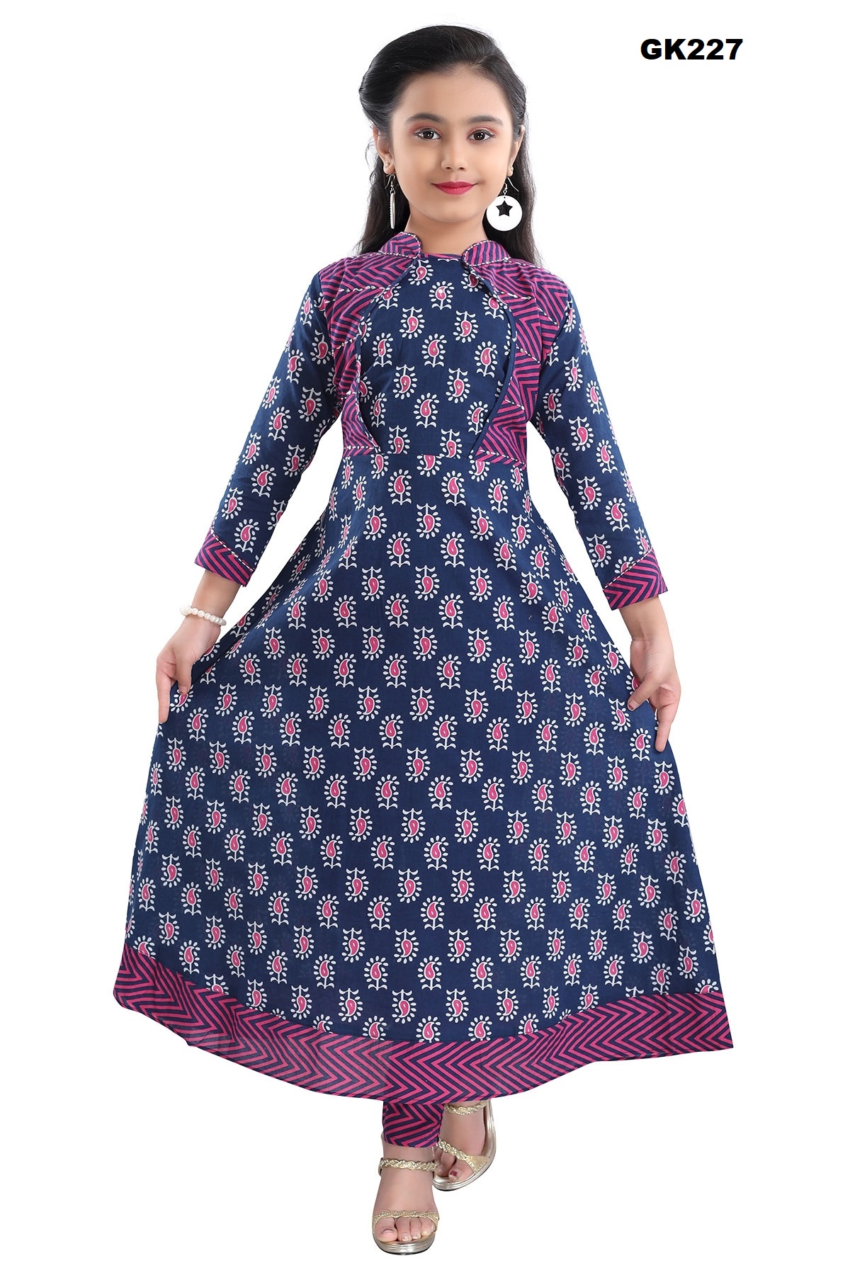 Block Printed Soft Cotton Anarkali Set In Pink And Blue For 7 To 12 Years Block Printed Soft Cotton Anarkali Set In Pink And Blue For 7 To 12 Years