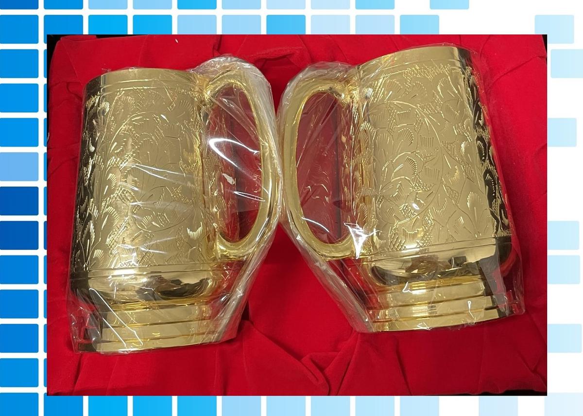 Gold Plated Beer Mug Set with Carving (2 Pcs)