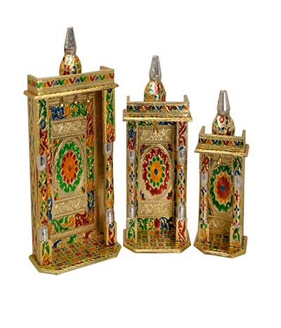 Meenakari Pooja Mandir for Home / Office / Car - 3 Piece Set (Golden)