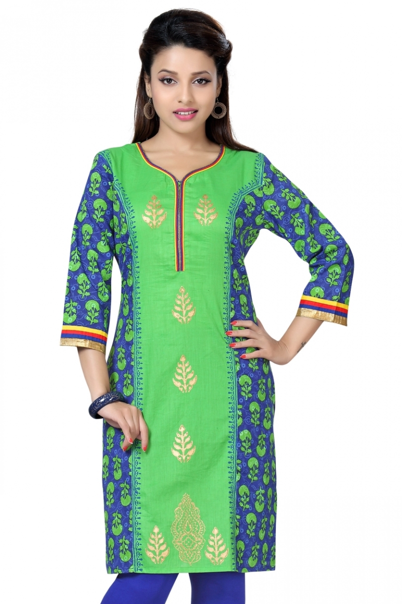 Blue Green Fine Cotton Kurti Tunic with Gold Block Print - Size 44 Blue Green Fine Cotton Kurti Tunic with Gold Block Print - Size 44