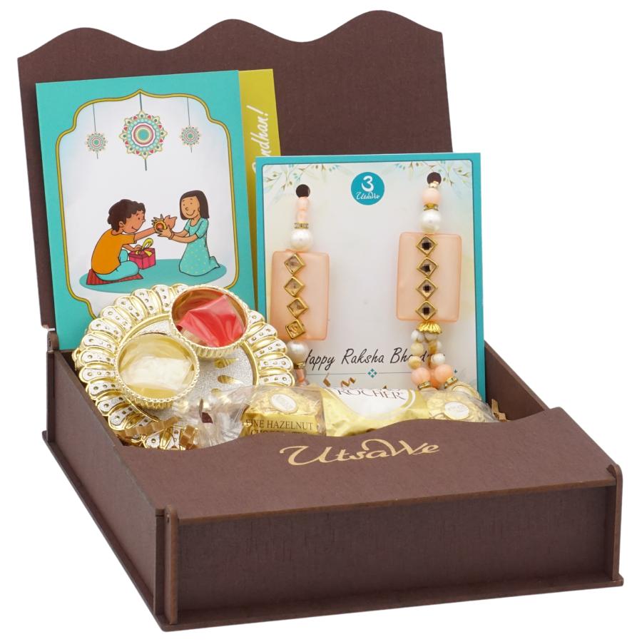 Kundan Bhaiya Bhabhi Rakhi Gift Set w/ Thali, Roli, Chaval, Chocolate, Card Kundan Bhaiya Bhabhi Rakhi Gift Set w/ Thali, Roli, Chaval, Chocolate, Card