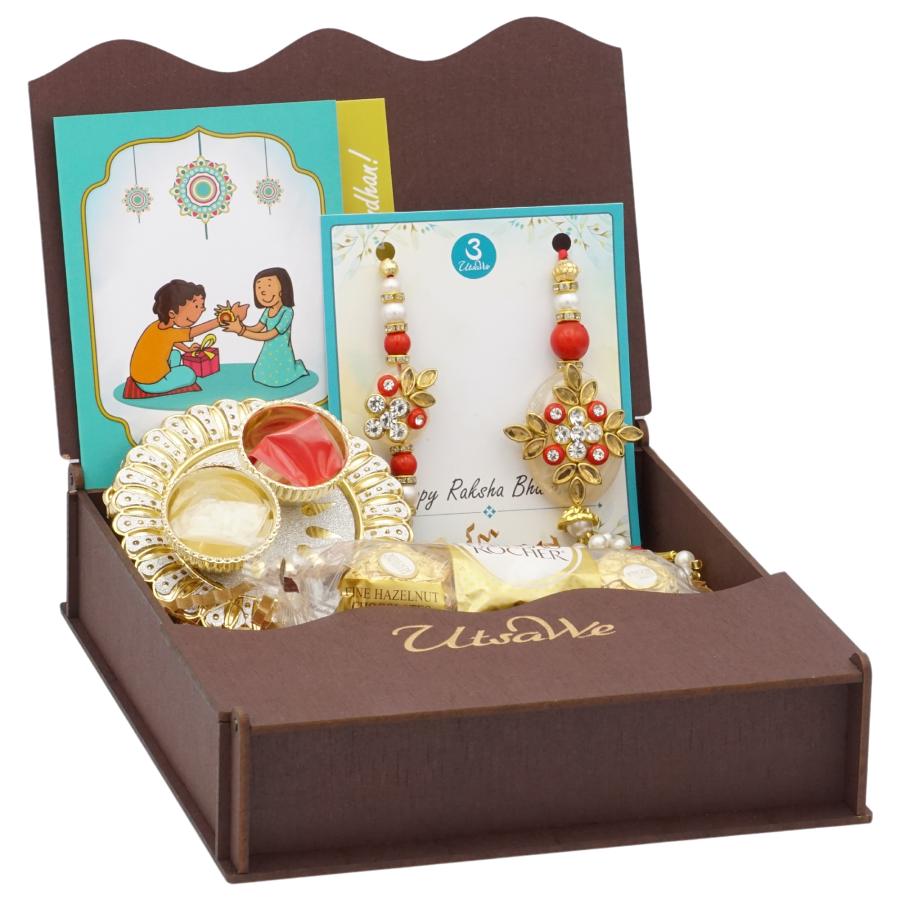 GIFT HAMPER - Beautiful White Stone Kundan Bhaiya Bhabhi Rakhi 