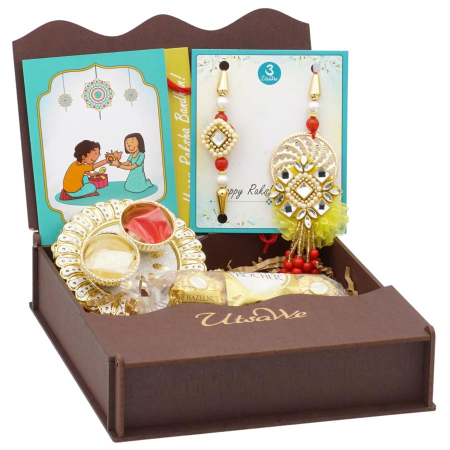 GIFT HAMPER - Lustrous Bhaiya Bhabhi Rakhi Made With Pearl and Kundan 