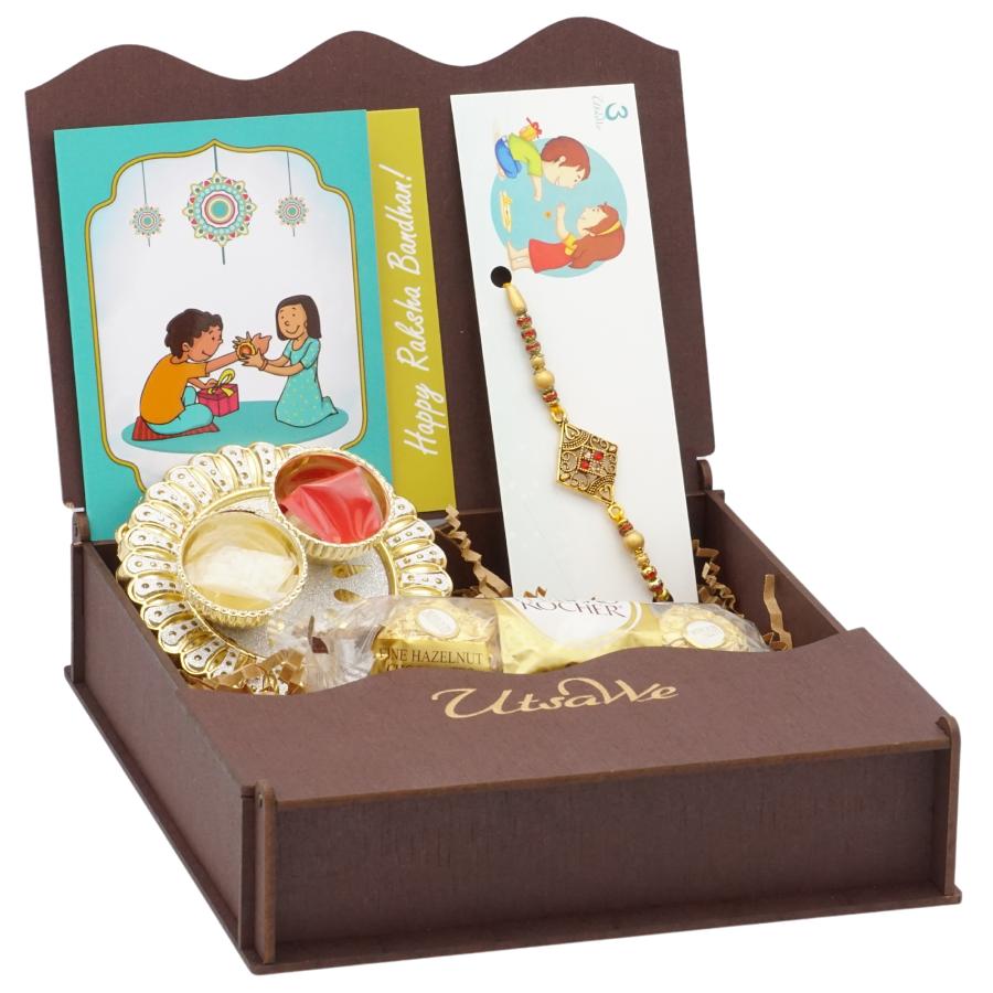 UtsaWe GIFT HAMPER - Affectionate Antique Rakhi in Gold W/ Beads and Pearls