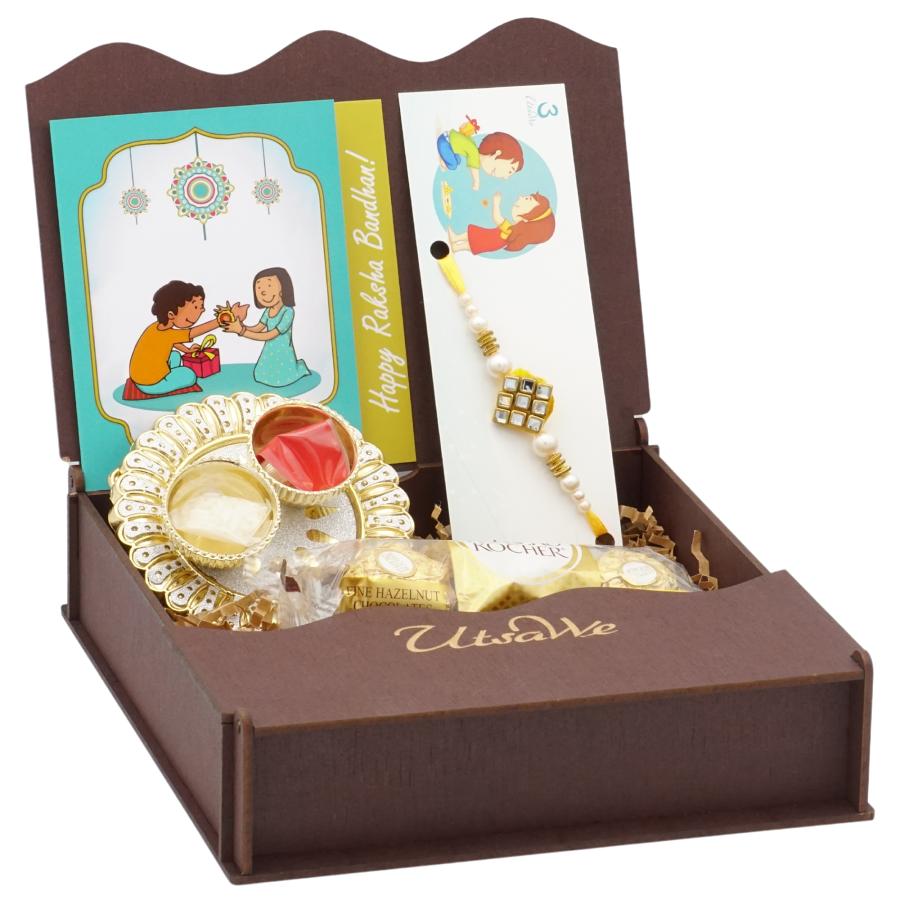 GIFT HAMPERS - Beautiful White Stone Kundan Rakhi for Bhaiya and Bhabhi 