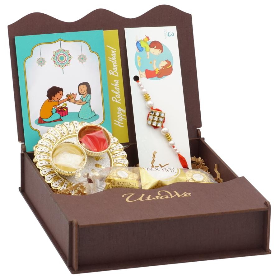 UtsaWe GIFT HAMPER  - Delicate Kundan Rakhi With White Pearl