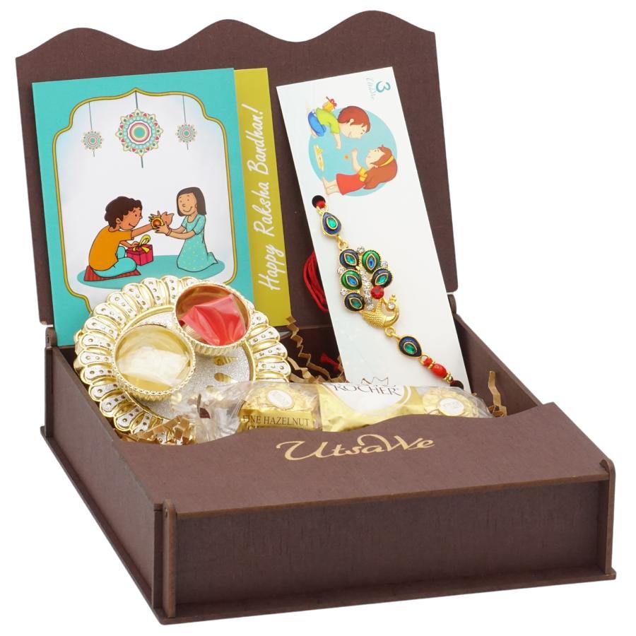 UtsaWe GIFT HAMPER - Mina Peacock Rakhi Embellished with Crystals UtsaWe GIFT HAMPER - Mina Peacock Rakhi Embellished with Crystals